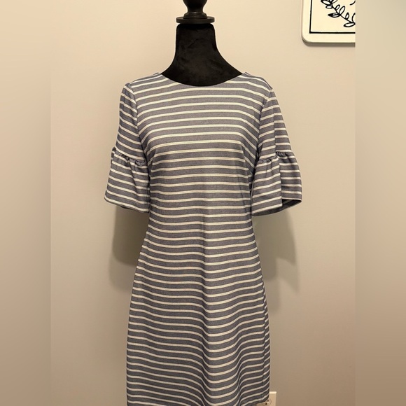 Ivanka Trump Navy and White Striped Bell Sleeve Dress Size 4 - Picture 2 of 4